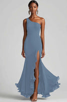 Load image into Gallery viewer, Black Mermaid One Shoulder Chiffon Long Formal Dress with Slit