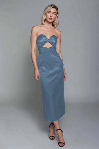 Dusty Blue Sweetheart Cut Out Satin Ankle Length Sheath Formal Dress