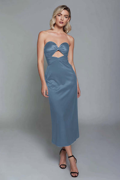 Dusty Blue Sweetheart Cut Out Satin Ankle Length Sheath Formal Dress