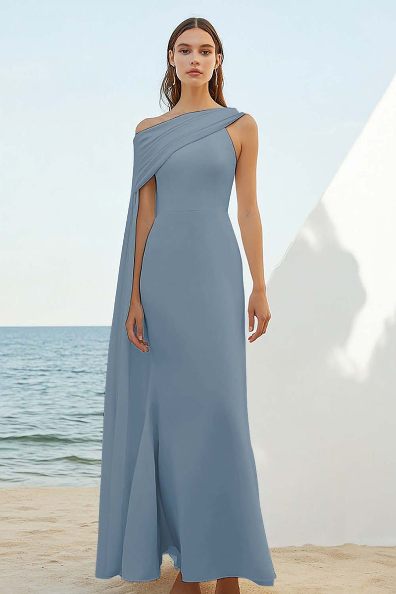 Load image into Gallery viewer, Dusty Rose Sheath Chiffon Long Engagement Dress with Cape