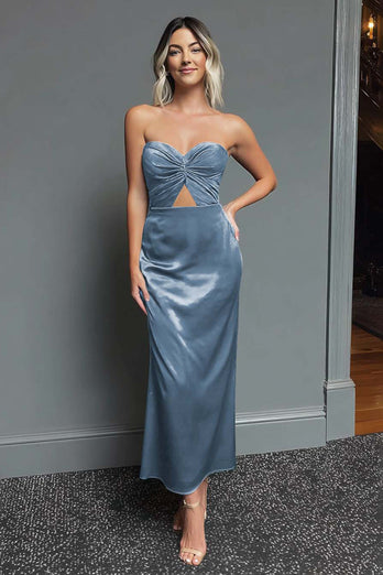 Dark Navy Sweetheart Satin Sheath Long Formal Dress
