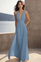 Load image into Gallery viewer, Chiffon Ivory Deep V-Neck Ruched Beach Maxi Engagement Dress