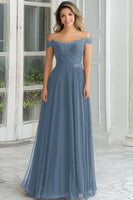 Load image into Gallery viewer, Floral Off the Shoulder Navy Mother of the Bride Dress