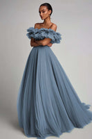 Load image into Gallery viewer, Dusty Sage Tulle A Line Long Formal Dress with Ruffles