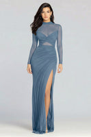 Load image into Gallery viewer, Illusion High Neck Sheath Long Sleeves Black Tie Dress with Slit