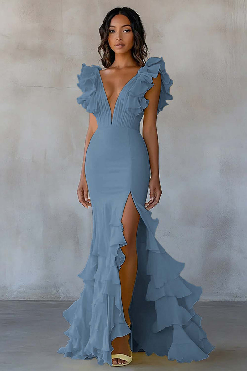 Short Sleeve Ruffle Deep V-Neck A-Line Maxi Dress with Slit Mother of the Bride Dresses