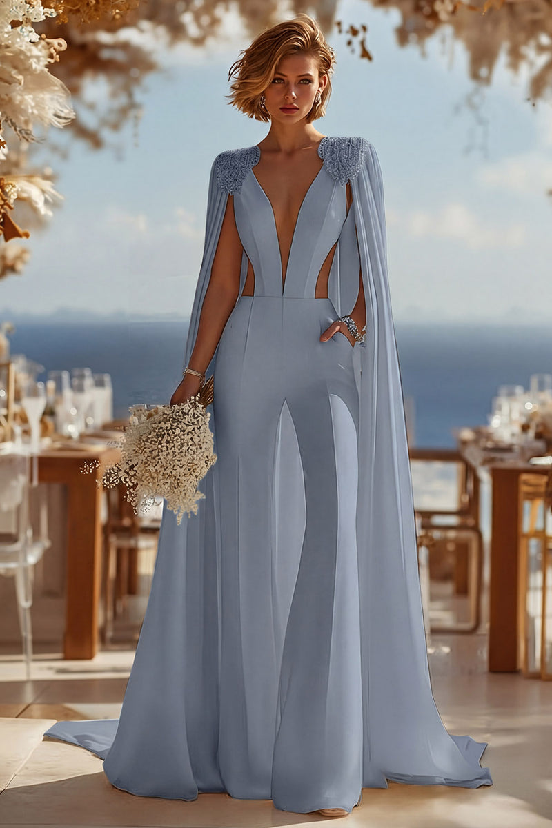 Load image into Gallery viewer, Ivory Cut Out Deep V-Neck Bridal Jumpsuits with Cape