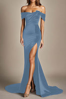 Load image into Gallery viewer, Black Off the Shoulder Mermaid Long Formal Dress with Slit