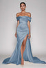 Load image into Gallery viewer, Dark Green Satin Off the Shoulder Sheath Long Prom Dress with Slit