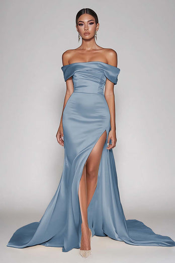 Dark Green Satin Off the Shoulder Sheath Long Prom Dress with Slit