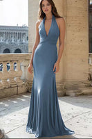 Load image into Gallery viewer, Navy Halter Mermaid Ruched Long Formal Dress