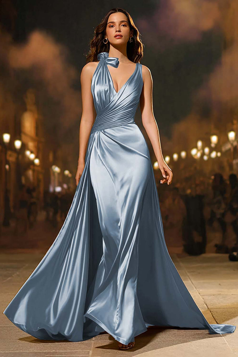 Load image into Gallery viewer, Gold Mermaid V-Neck Satin Long Formal Dress with Cape