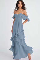 Load image into Gallery viewer, Women Dusty Blue Off the Shoulder Ruffled Long Formal Dress Chiffon Tiered Ruched Party Dress