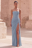 Load image into Gallery viewer, Light Pink Ruched Sheath Long Prom Dress with Slit