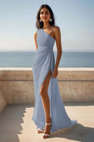 Load image into Gallery viewer, Chiffon One Shoulder Ruched Ivory Maxi Rehearsal Dinner Dress with Slit