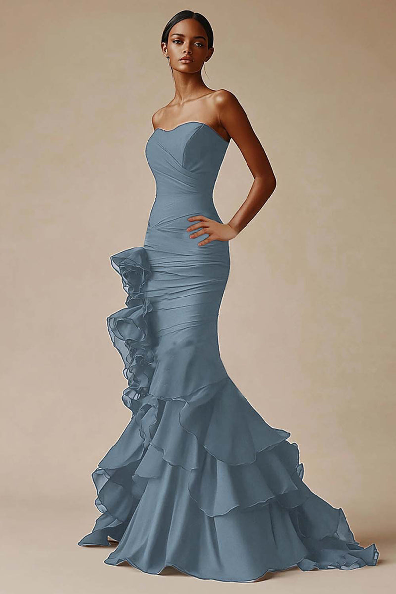Load image into Gallery viewer, Sweetheart Mermaid Tiered Long Black Tie Dress