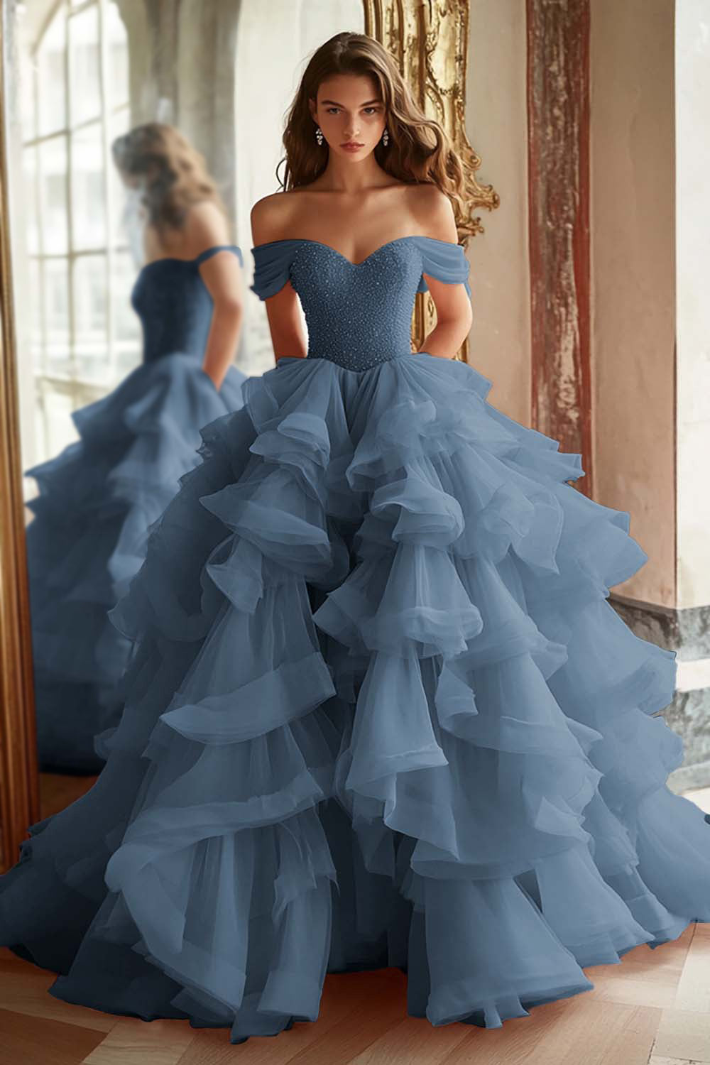 Princess Ball Gown Dusty Blue Off the Shoulder Long Tulle Prom Dress