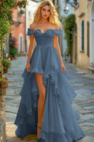 Load image into Gallery viewer, Yellow A Line Tiered Off the Shoulder Long Asymmetrical Prom Dress