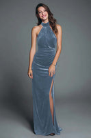 Load image into Gallery viewer, Burgundy Mermaid Halter Velvet Ruched Long Holiday Party Dress with Slit