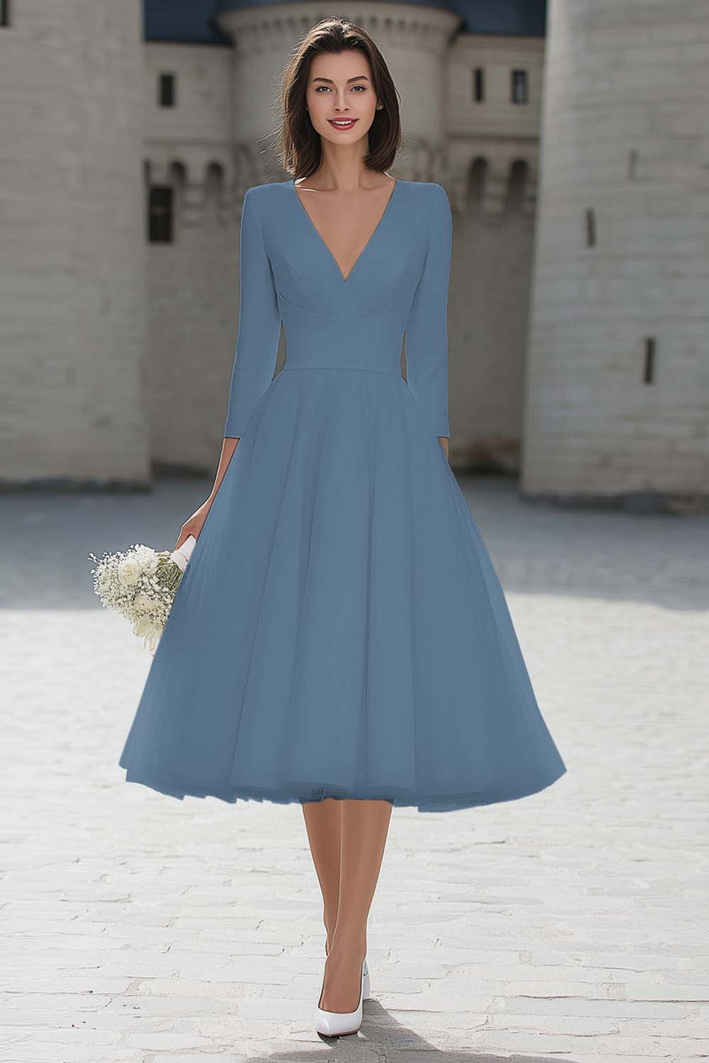 Load image into Gallery viewer, Ivory A Line V-Neck Midi Wedding Dress with Sleeves