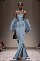 Load image into Gallery viewer, Silver Satin Mermaid Strapless Long Formal Dress with Slit