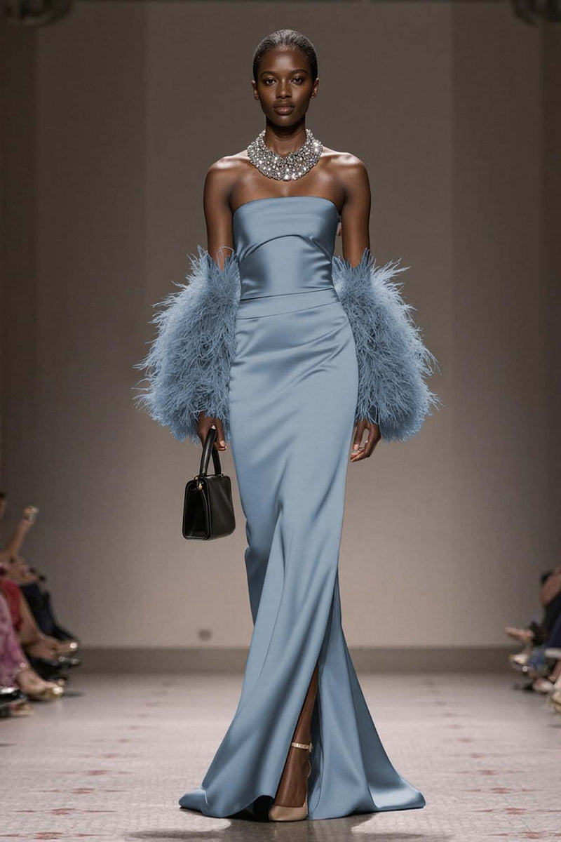 Load image into Gallery viewer, Silver Satin Mermaid Strapless Long Formal Dress with Slit