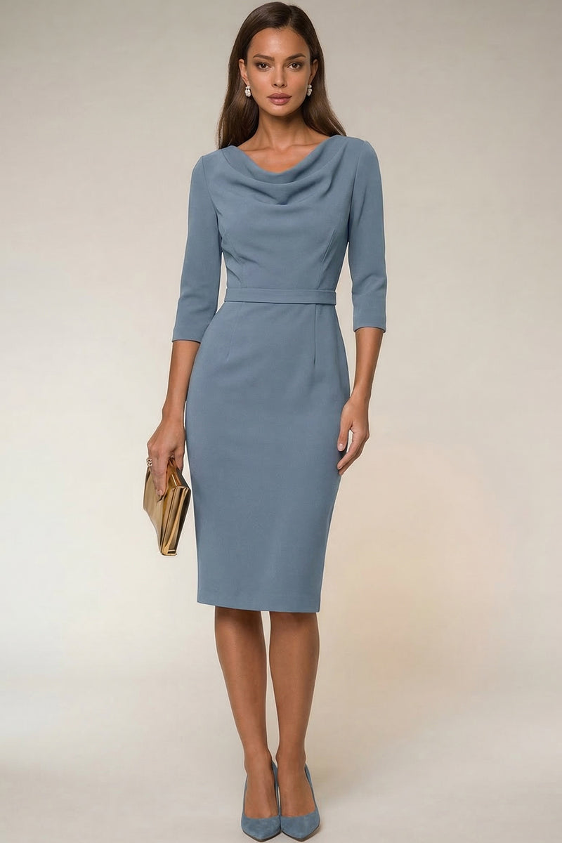 Load image into Gallery viewer, Navy Cowl Neck Pencil Midi Work Dress