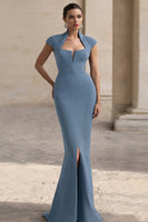 Load image into Gallery viewer, Black Mermaid Square Neck Cap Sleeves Long Formal Dress with Slit