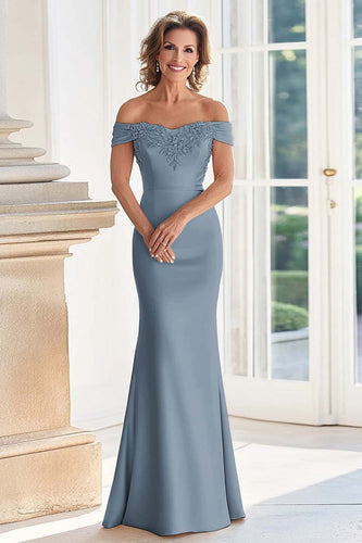 Elegant Mermaid Dusty Blue Off The Shoulder Mother of the Bride Dress with Lace