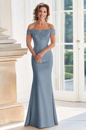Elegant Mermaid Dusty Blue Off The Shoulder Mother of the Bride Dress with Lace