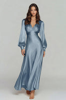 Load image into Gallery viewer, Champagne Satin V-Neck Backless Long Sleeves Evening Dress