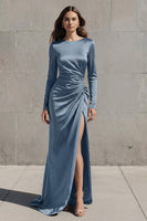 Load image into Gallery viewer, Olive Boat Neck Mermaid Long Sleeves Satin Evening Dress with Slit
