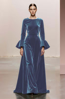 Load image into Gallery viewer, Dark Green Round Neck A Line Velvet Long Formal Dress with Sleeves