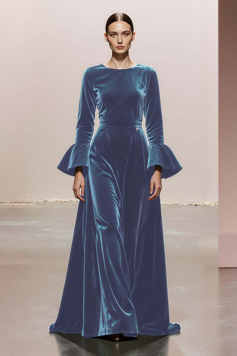 Load image into Gallery viewer, Dark Green Round Neck A Line Velvet Long Formal Dress with Sleeves