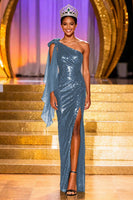 Load image into Gallery viewer, Sparkly Dark Green One Shoulder Long Sequin Pageant Dress with Slit