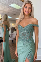Load image into Gallery viewer, Sparkly Mermaid Green Off The Shoulder Corset Long Prom Dress with Slit
