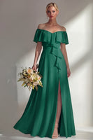 Load image into Gallery viewer, Off the Shoulder Ruffled A Line Burgundy Long Beach Wedding Guest Dress with Slit