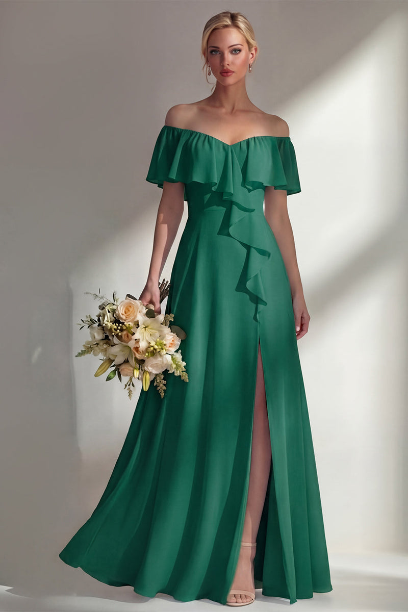 Load image into Gallery viewer, Off the Shoulder Ruffled A Line Burgundy Long Beach Wedding Guest Dress with Slit