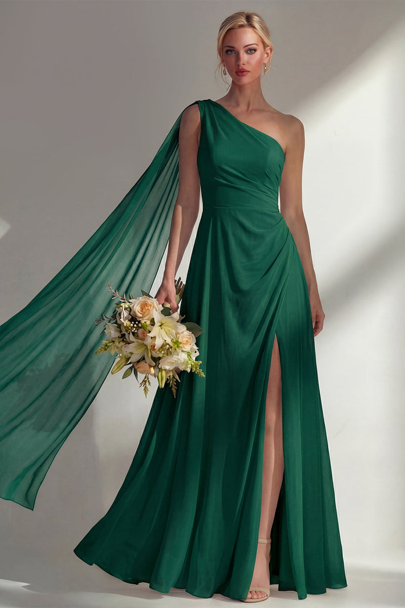 Load image into Gallery viewer, Burgundy One Shoulder Ruched A Line Long Beach Wedding Guest Dress with Side Cape