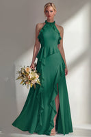 Load image into Gallery viewer, A Line High Neck Butter Yellow Ruffled Long Beach Wedding Guest Dress with Slit