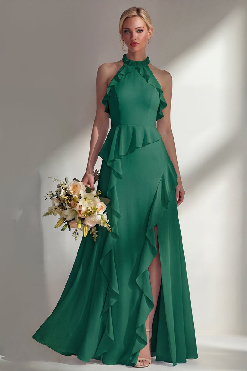 Load image into Gallery viewer, A Line High Neck Butter Yellow Ruffled Long Beach Wedding Guest Dress with Slit