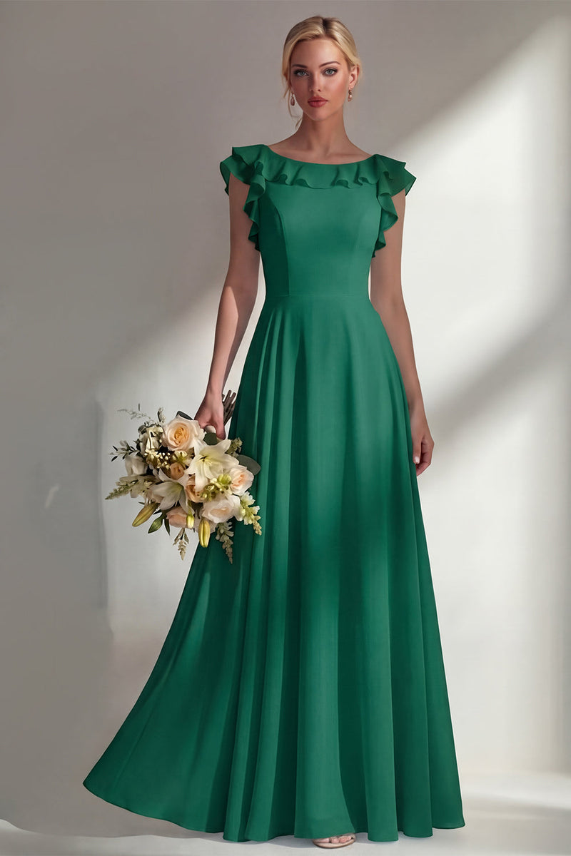 Load image into Gallery viewer, Emerald Boat Neck A Line Long Beach Wedding Guest Dress with Ruffles