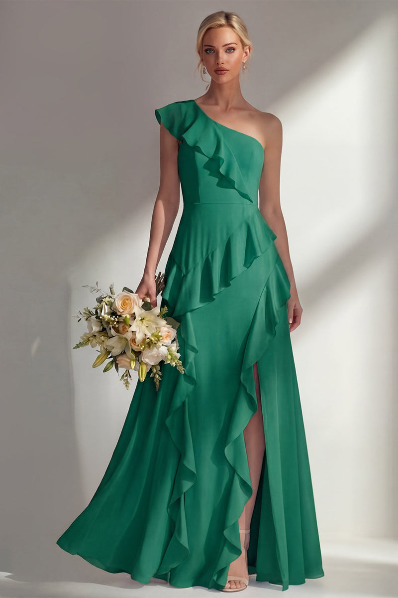 Load image into Gallery viewer, Mint One shoulder Ruffled A Line Long Beach Wedding Guest Dress with Slit