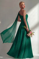 Load image into Gallery viewer, Burgundy One Shoulder Ruched A Line Long Beach Wedding Guest Dress with Side Cape