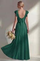 Load image into Gallery viewer, Emerald Boat Neck A Line Long Beach Wedding Guest Dress with Ruffles