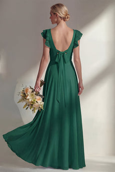 Emerald Boat Neck A Line Long Beach Wedding Guest Dress with Ruffles