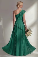 Load image into Gallery viewer, Mint One shoulder Ruffled A Line Long Beach Wedding Guest Dress with Slit