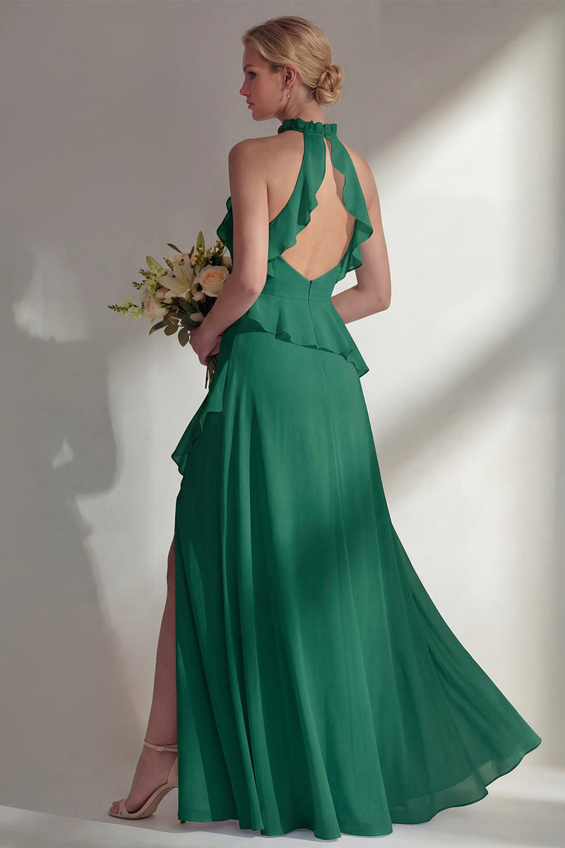 Load image into Gallery viewer, A Line High Neck Butter Yellow Ruffled Long Beach Wedding Guest Dress with Slit