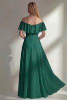 Load image into Gallery viewer, Off the Shoulder Ruffled A Line Burgundy Long Beach Wedding Guest Dress with Slit