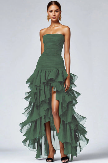 Women Eucalyptus Tulle Formal Dress with Slit A Line Tiered Black Tie Dress High-Low Ankle Length Strapless Long Gala Dress